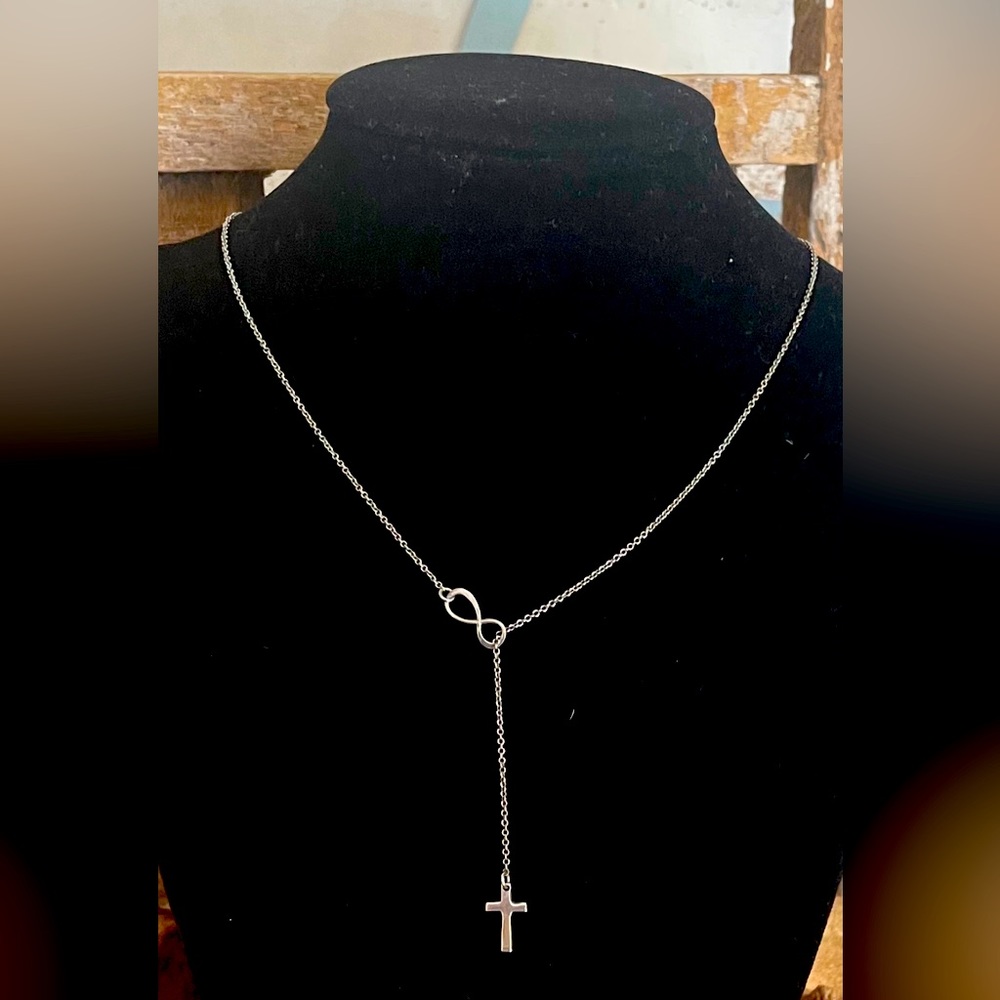 Sterling Silver Infinity & Cross Lariat Style Necklace Jewelry NEW In Gift Bag